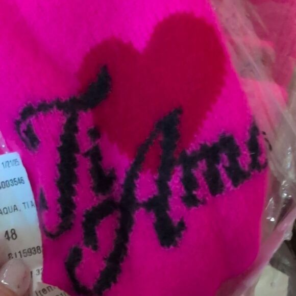 NWT Aqua Cashmere Sweater Bright Hot Pink Ti Amo Heart Crew Neck Size S - Picture 6 of 10
